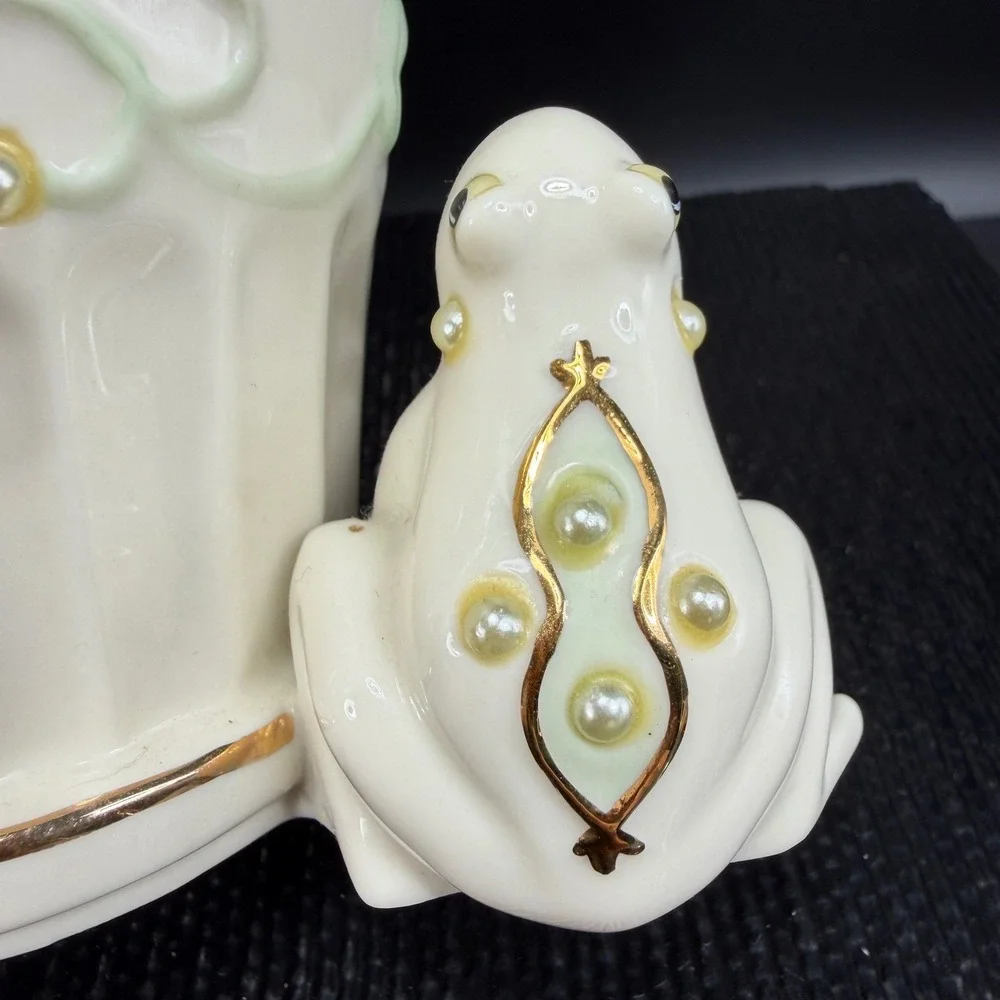 Lenox Porcelain Frog Planter Ivory Gold Trim Faux Pearl Floral Garden Decor READ